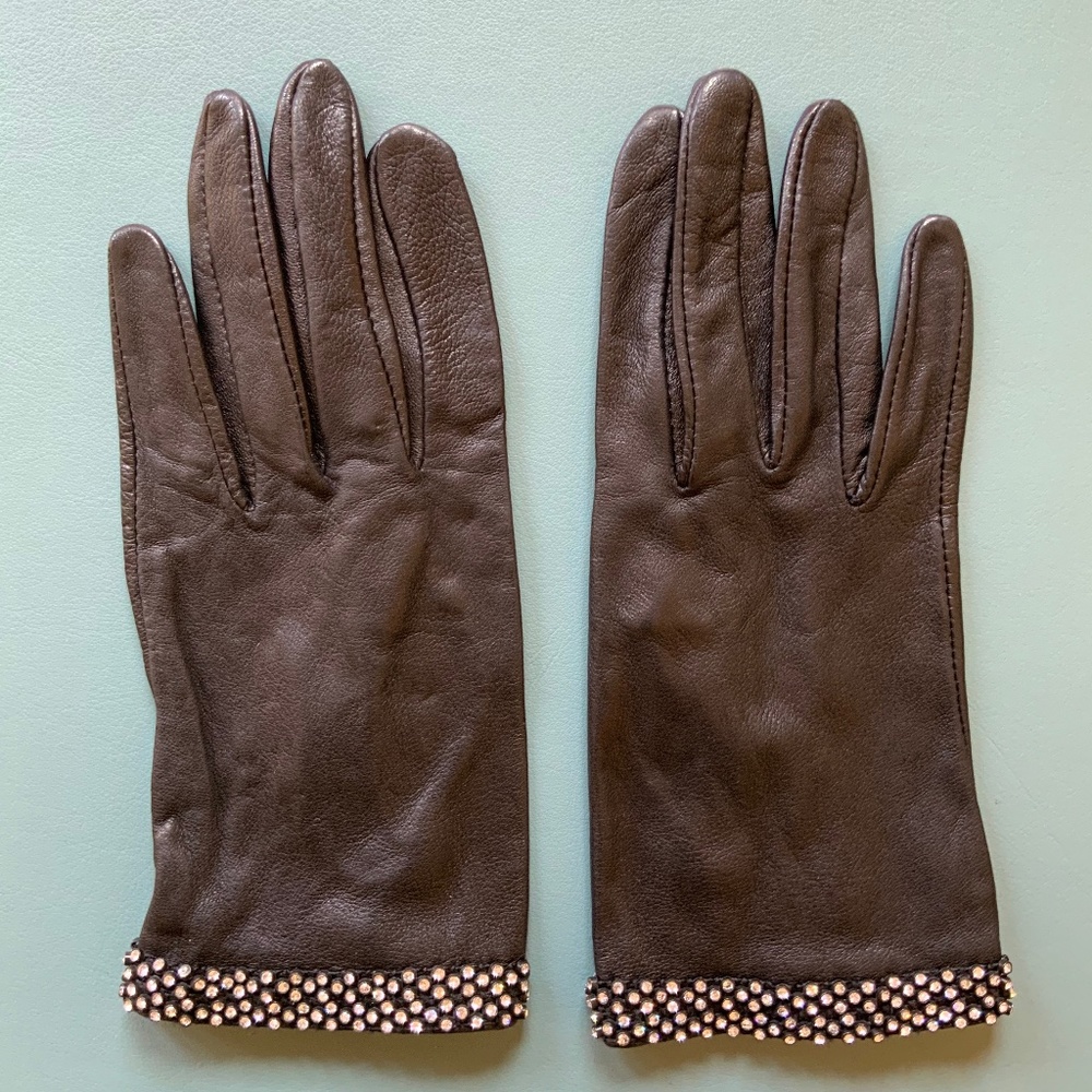 Vintage 90s Black Leather Wrist Gloves w/ Rhinestone Trim